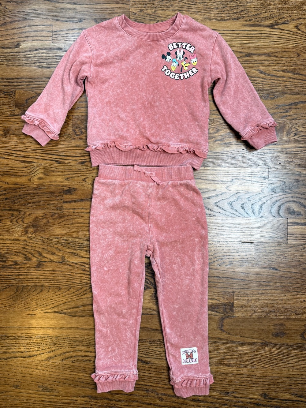 Disney Mickey & Friends Girls “Minnie’s Crew" Graphic Ruffled Sweatsuit Set